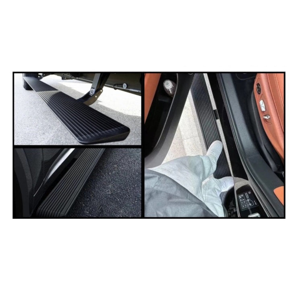 Collage of car door step and interior details on a white background