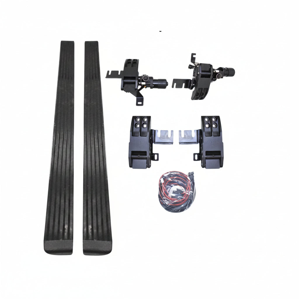 Set of automotive parts including two black metal strips, a bundle of wires, and various connectors on a white background.