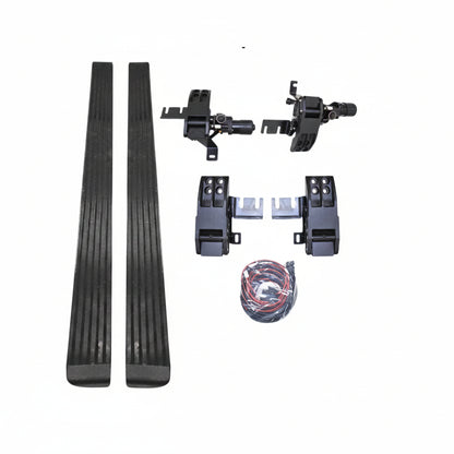 Set of automotive parts including two black metal strips, a bundle of wires, and various connectors on a white background.