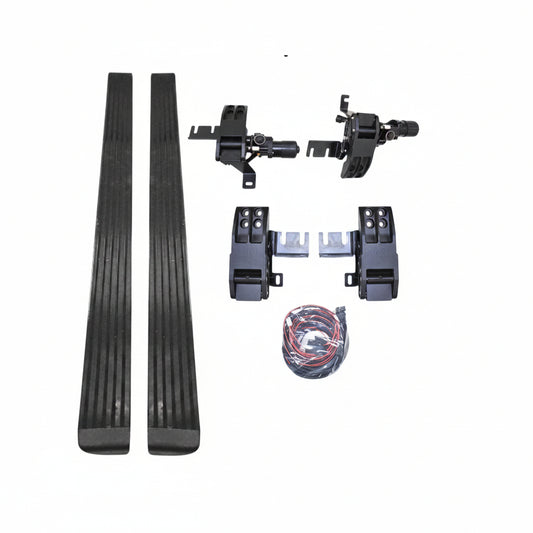 Set of automotive parts including two black metal strips, a bundle of wires, and various connectors on a white background.