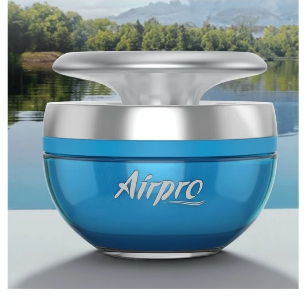 Blue and silver device with 'Airpro' branding against a scenic background