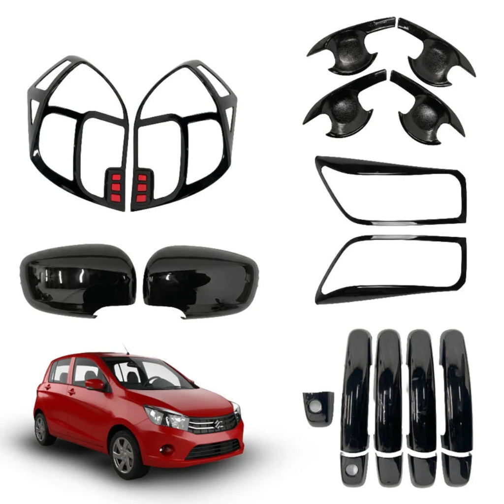 Set of Black styling Kits for Celerio shown on a white background with red car.