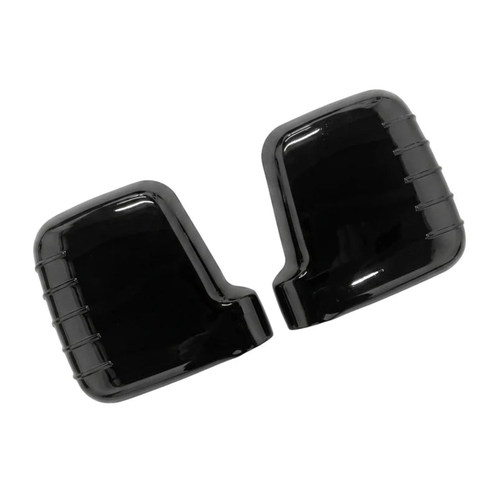 A pair of black outside rear-view mirrors on a white background