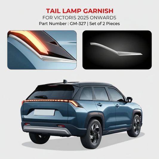 Tail lamp garnish for a vehicle with product details on a white background