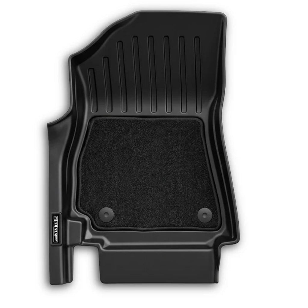A black molded rubber and carpeted car floor mat shown from a top-down angle on a plain white background.