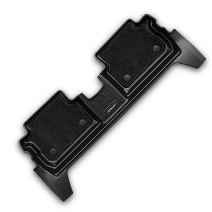 A black molded automotive floor mat set with two carpeted footwell sections and matching plastic trim, shown on a plain white background.