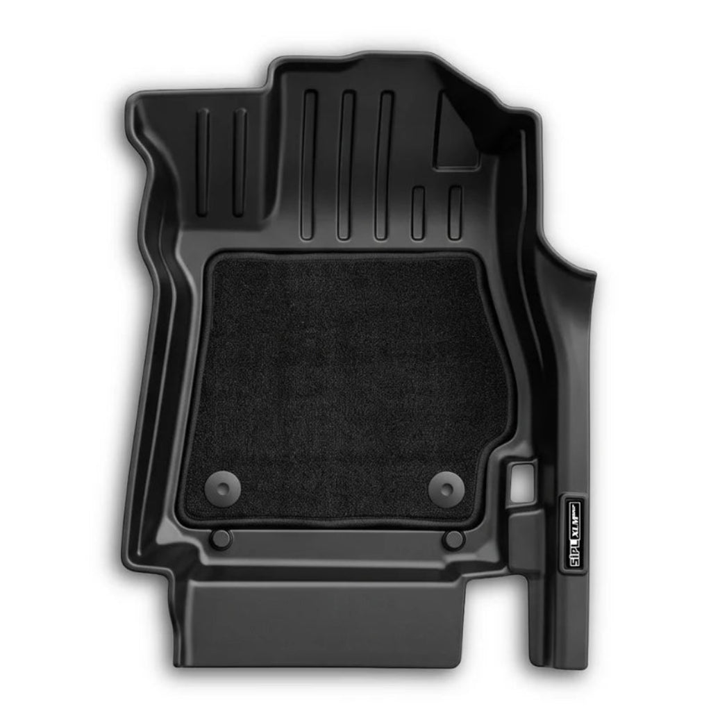 A black molded car floor mat with a textured non-slip center area and a side handle, shown on a plain white background.