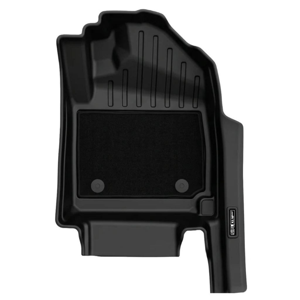 A black molded rubber vehicle floor mat shown from a top-down view on a plain white background.