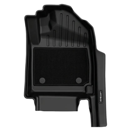 A black molded rubber vehicle floor mat shown from a top-down view on a plain white background.
