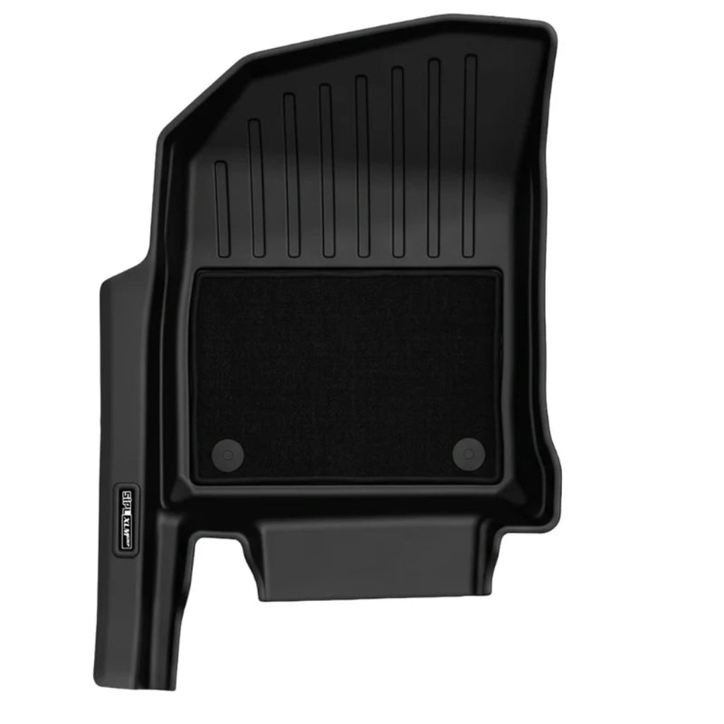 A black molded rubber car floor mat shown from a top-down angle on a plain white background.