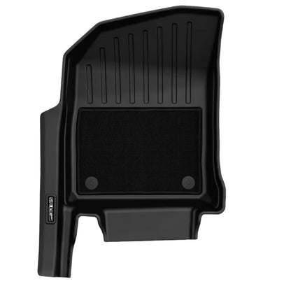 A black molded rubber car floor mat shown from a top-down angle on a plain white background.