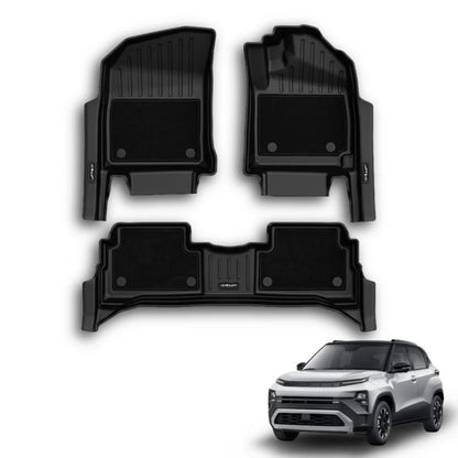Three-piece black car floor mat set shown on a white background, with a small silver SUV in the lower right corner and a blue text label reading 'Punch 2026 XLMGrip'.