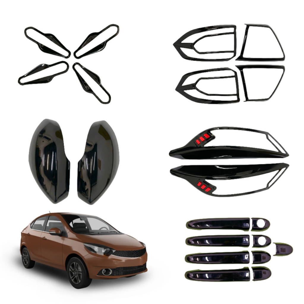 Black combo kit for Tigor, displayed on a white background with brown car.