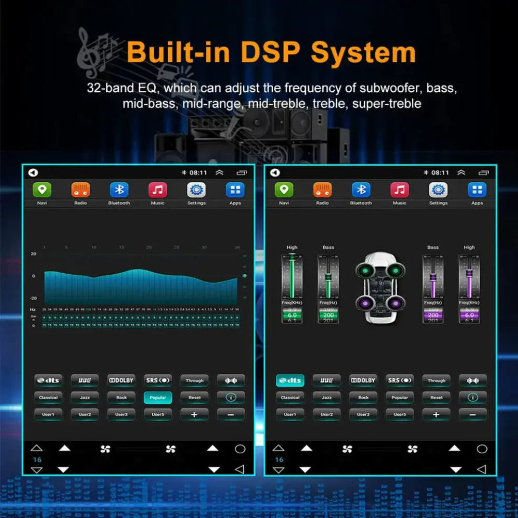 DSP features displayed on screen with available settings.