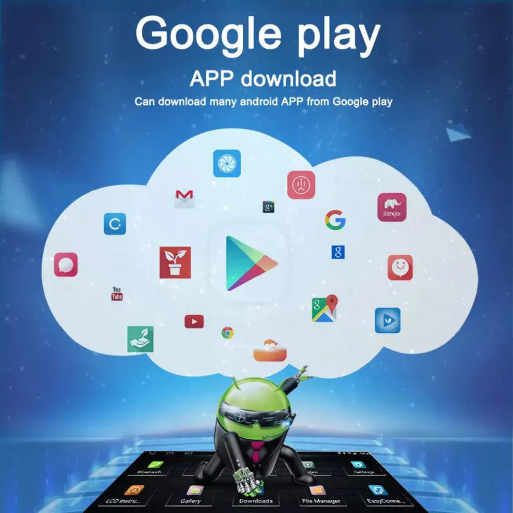 Google Play advertisement on an electric blue background.