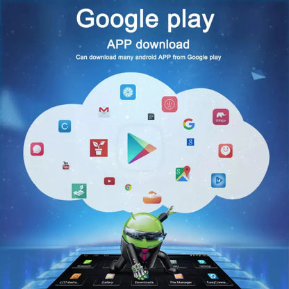 Google Play advertisement on an electric blue background.