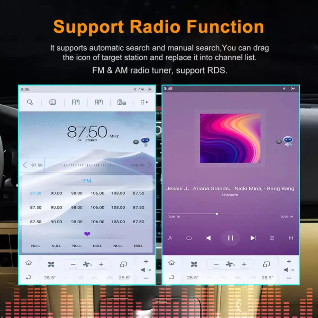 Radio & Music feature comparison side by side on tesla-style screen for Fortuner