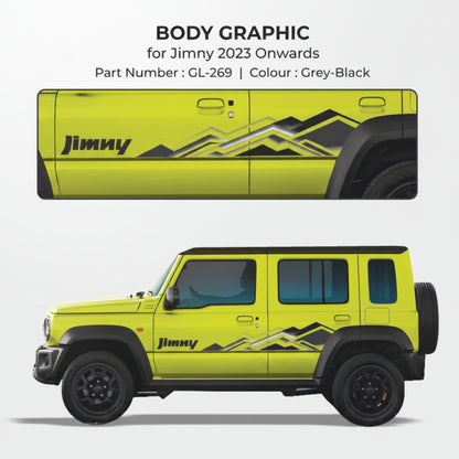 Yellow SUV with black geometric design and 'Jimny' branding on a white background