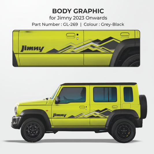 Yellow SUV with black geometric design and 'Jimny' branding on a white background