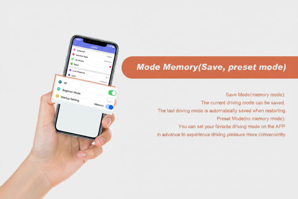 A hand holds a smartphone showing a driving app interface with a mode memory toggle turned on, alongside text explaining that the current driving mode can be saved and preset mode memory models can be set in advance.
