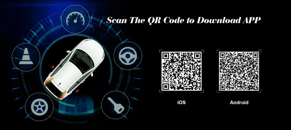 Promotional graphic for a car-related app, showing a white car on a blue circular dashboard-style background with icons for speed, steering wheel, tire, and key. Text reads 'Scan The QR Code to Download APP' with two QR codes labeled iOS and Android on a black background.