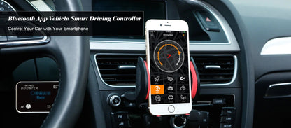 A smartphone mounted in a car dashboard air vent holder, displaying a Bluetooth vehicle smart driving controller app interface. The phone is shown in a red and black protective case inside a car interior with steering wheel and air vents visible.