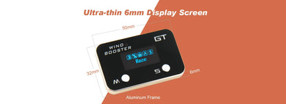 A 6mm ultra-thin display screen for a wind booster, shown on a white and orange background with text labels indicating its dimensions and aluminum frame.