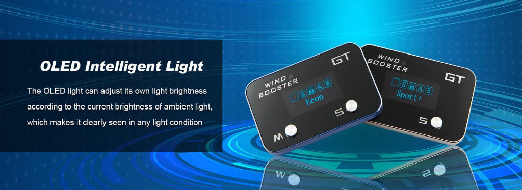 Two black rectangular wind booster devices with small blue LED displays are shown on a blue graphic background with text describing OLED intelligent light adjustment.