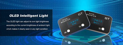 Two black rectangular wind booster devices with small blue LED displays are shown on a blue graphic background with text describing OLED intelligent light adjustment.