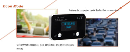A wind booster device labeled 'GT' and 'WIND BOOSTER' shown in the center, with marketing text and two small inset lifestyle photos on a white background. The text mentions 'Econ Mode' and fuel consumption benefits.