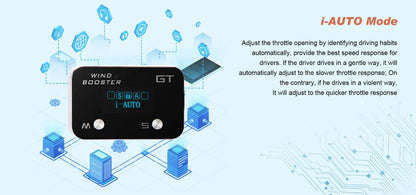 A black automotive throttle booster controller labeled 'WIND BOOSTER' and 'GT' with 'i-AUTO' on its display, surrounded by blue digital icons and explanatory text about i-AUTO Mode on a light blue background.