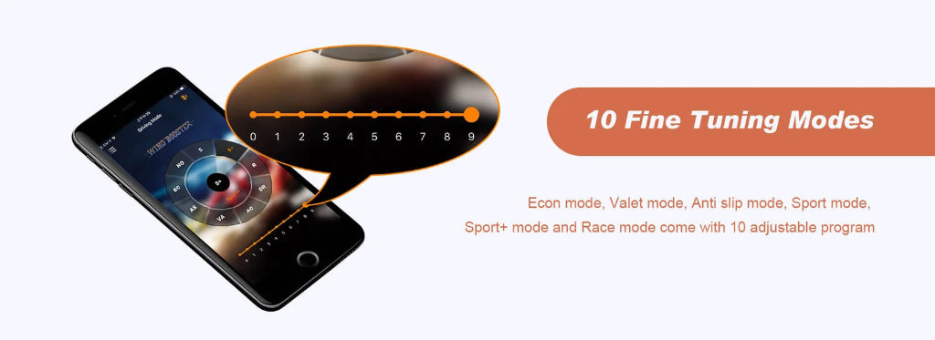 A smartphone displaying a circular dial interface, with an enlarged oval callout showing a 0-10 slider and text reading '10 Fine Tuning Modes' on a light gray background.