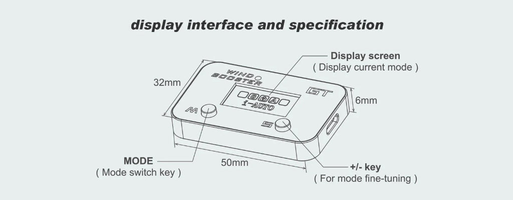 A technical diagram showing the dimensions and labeled parts of a small electronic device, with text reading 'display interface and specification' and measurements for 50mm length, 32mm width, 6mm depth, plus labels for display screen, mode switch key, and +/- key.