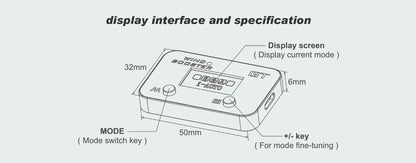 A technical diagram showing the dimensions and labeled parts of a small electronic device, with text reading 'display interface and specification' and measurements for 50mm length, 32mm width, 6mm depth, plus labels for display screen, mode switch key, and +/- key.
