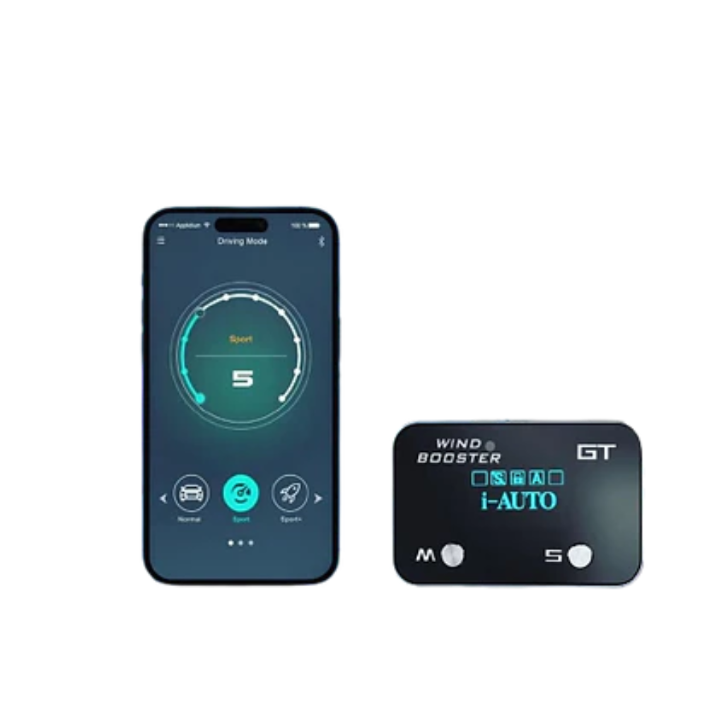 A smartphone displaying a driving app interface next to a small black electronic device labeled 'WIND BOOSTER' and 'GT' on a plain white background.