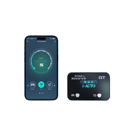 A smartphone displaying a driving app interface next to a small black electronic device labeled 'WIND BOOSTER' and 'GT' on a plain white background.