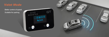 A valet mode wind booster switch for cars, shown in a simulated parking lot environment with cars and wireless signal graphics indicating its use for parking control.